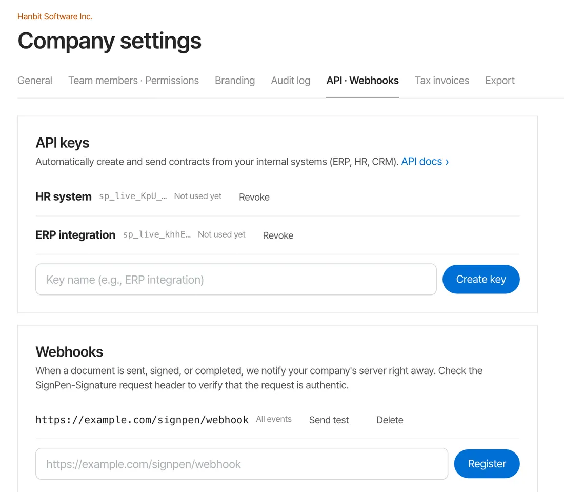 API keys and webhooks