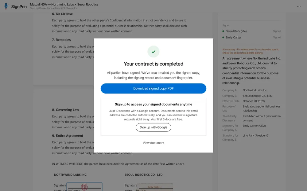 Signed copy sent automatically
