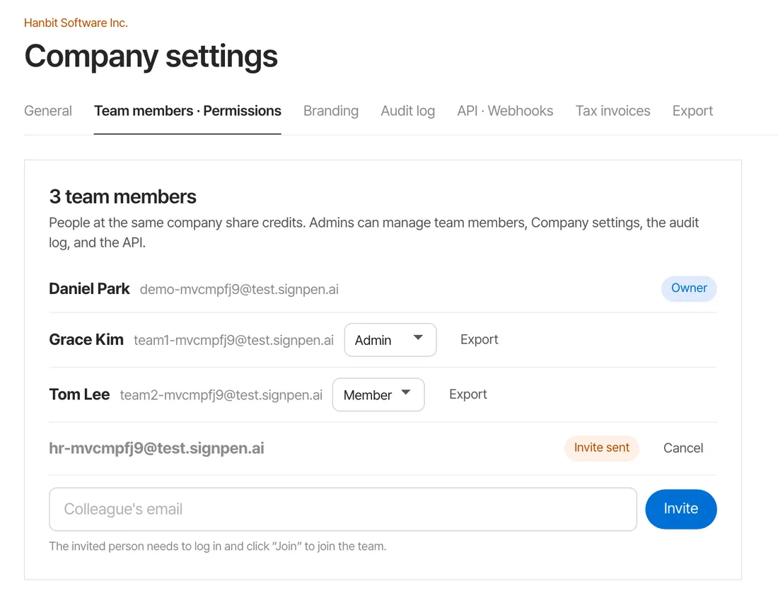 Company settings: team members and permissions