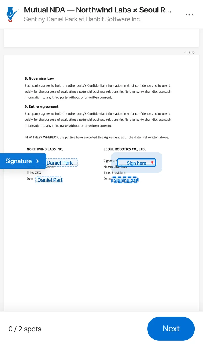 Mobile signing screen