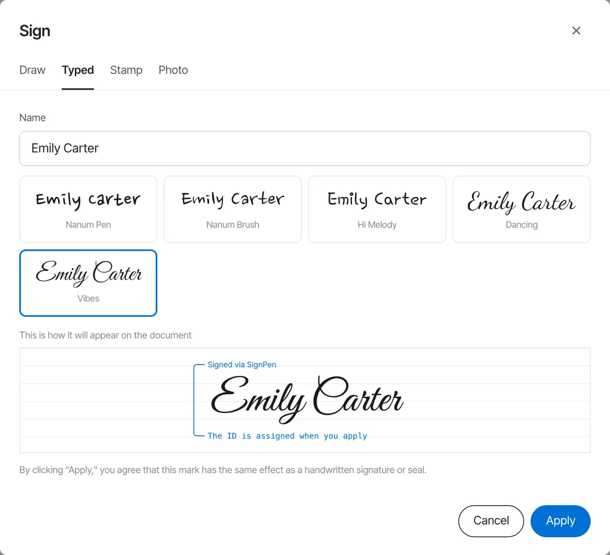 Signing window: draw, type, stamp, or photo